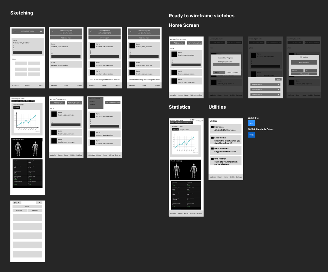 Full sketching process — all screens and iterations